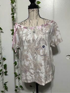 Hollister Beige Leaf Print Off-Shoulder Top with Pink Ribbon